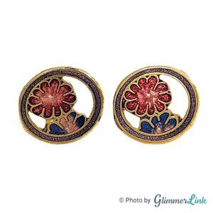 Vintage 80s Oval Cloisonne Floral Pierced Gold Tone Earrings